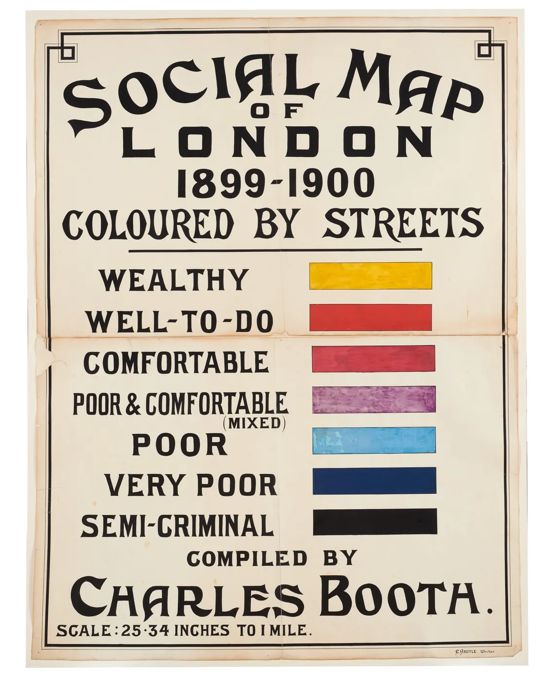 Social map of London from 1899-1900 by Charles Booth, showing streets classified by wealth status using different colors for categories like wealthy, poor, and semi-criminal.